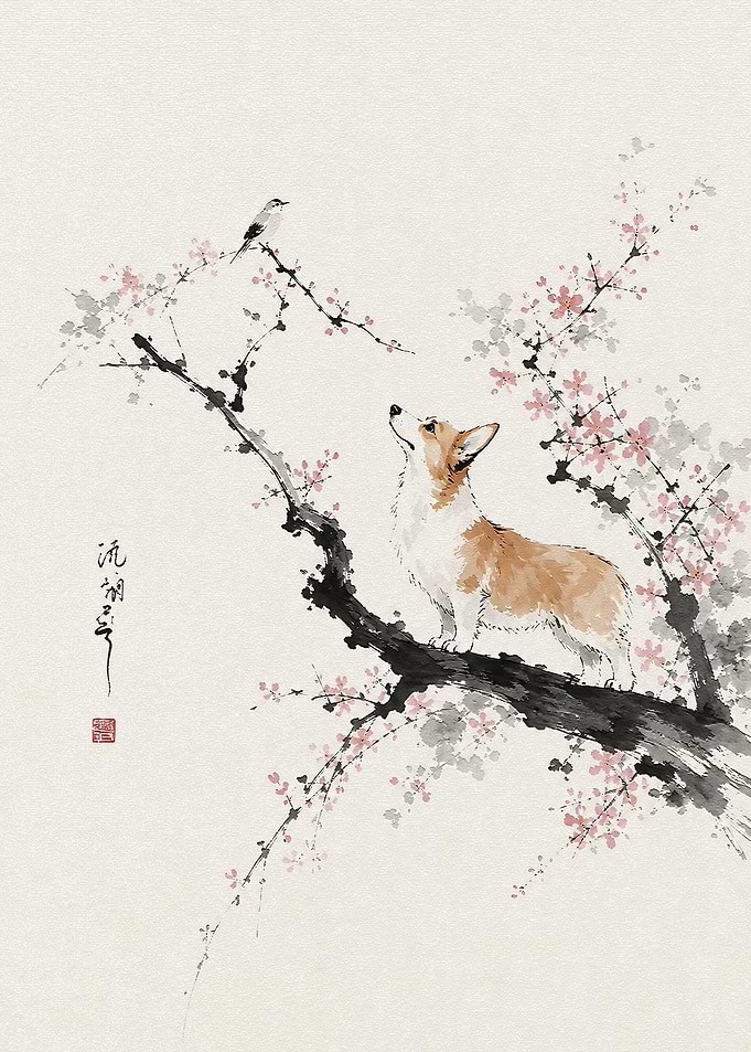 Corgi and Bird in Cherry Blossoms