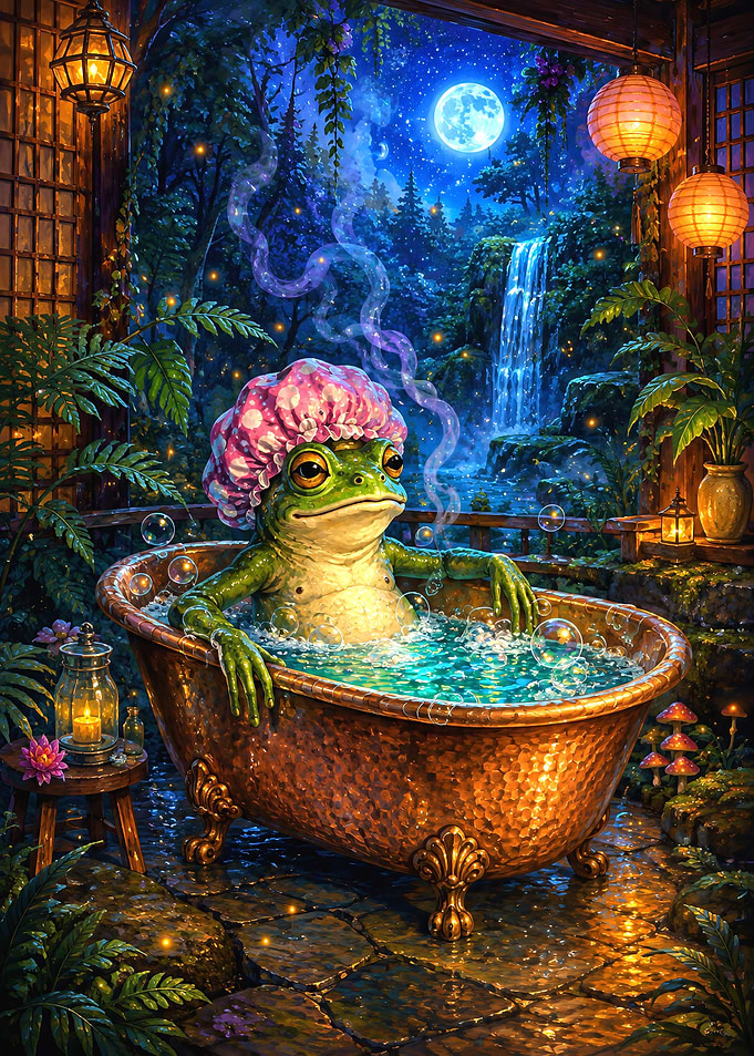 Frog relaxing in a copper bathtub