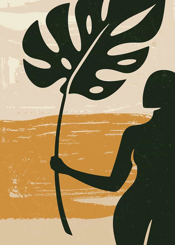 Minimalist Woman Holding Monstera Leaf