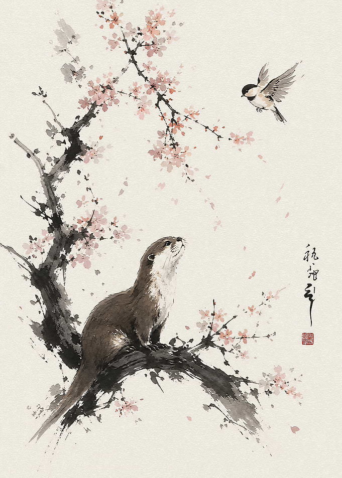Otter and Bird in Cherry Blossoms