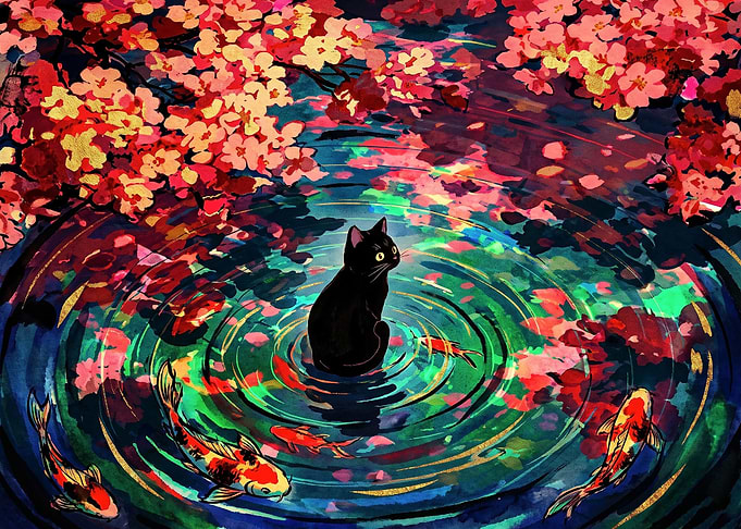Black Cat in Cherry Blossom Pond
