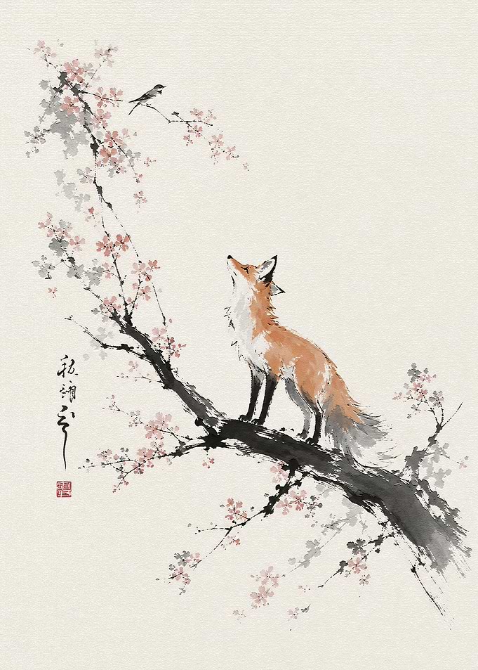Fox and Bird on Cherry Blossom