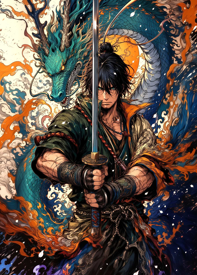 Samurai Warrior with Celestial Dragon