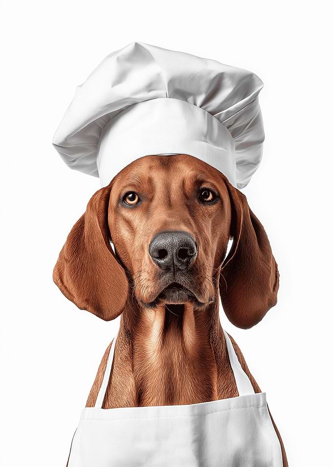 Redbone Coonhound Dog Wearing Chef Hat and Apron