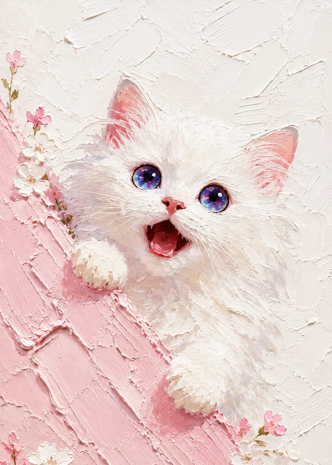 Impressionist White Kitten with Pink Flowers
