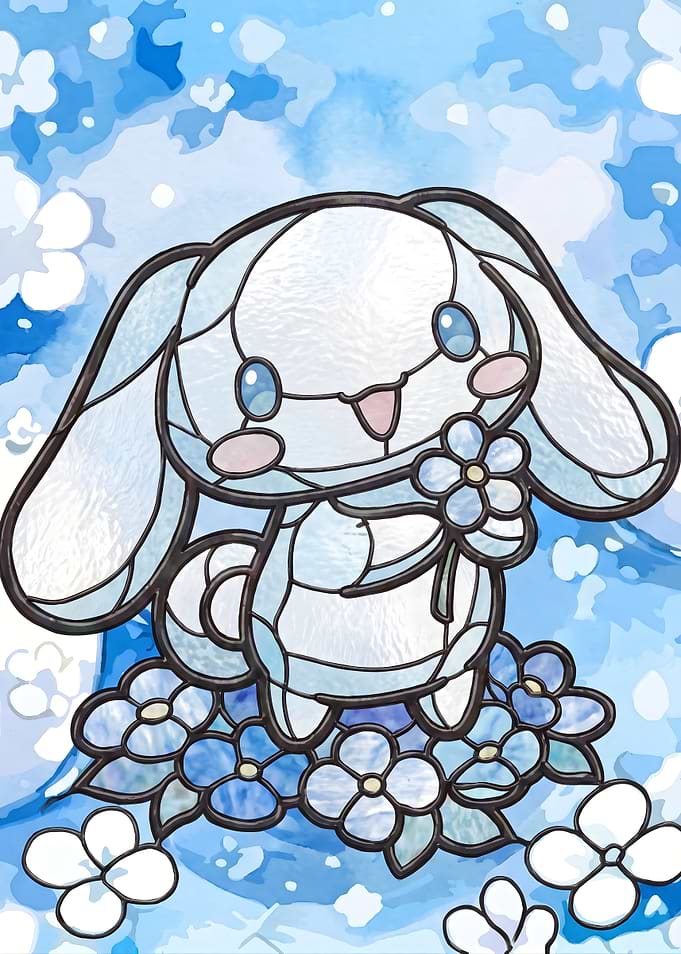 Stained Glass Cinnamoroll with Blue Flowers