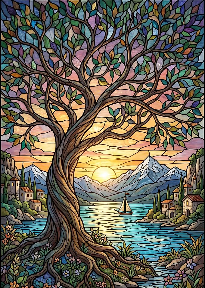 Stained Glass Landscape with Tree