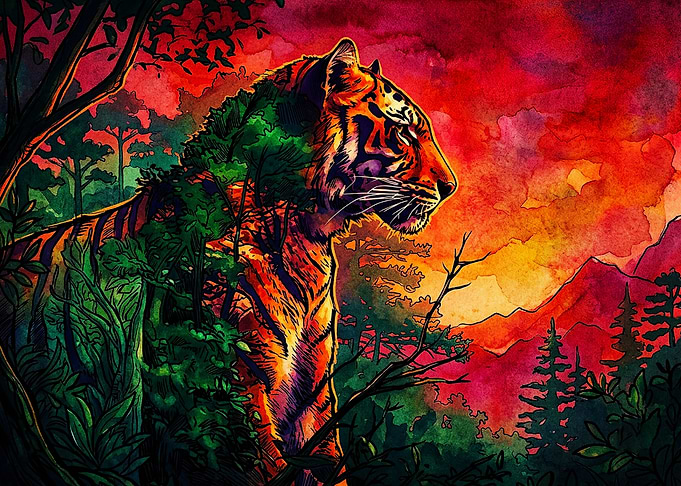 Vibrant Tiger in Surreal Forest