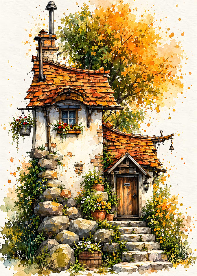 Whimsical Watercolor Cottage in Autumn