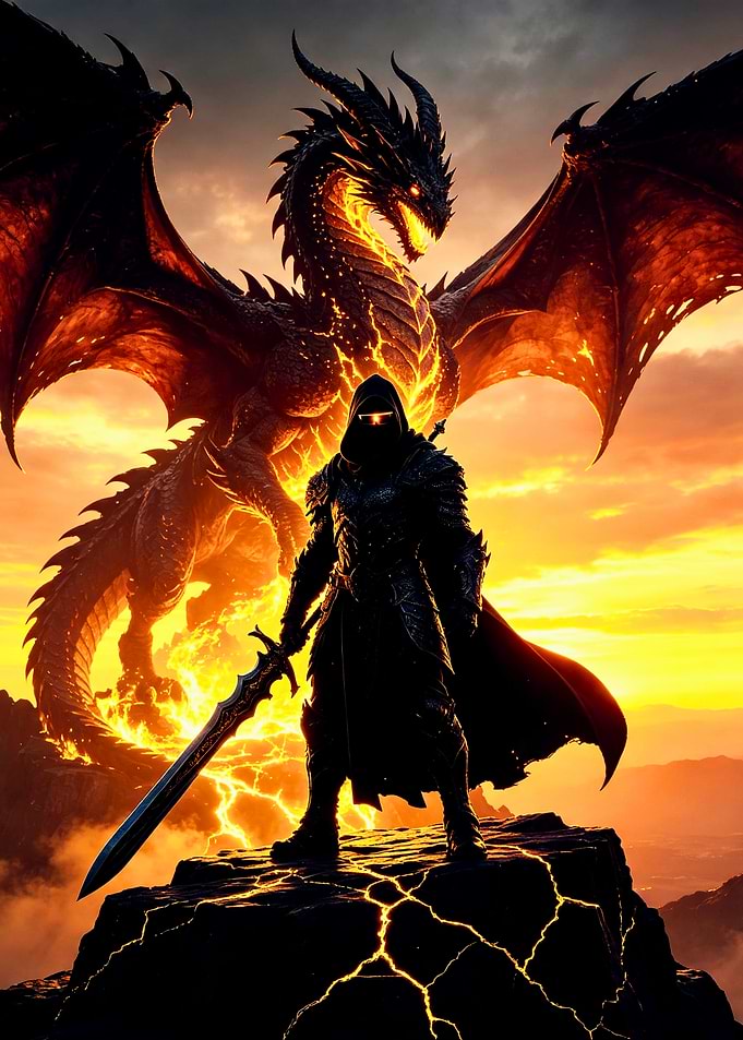 Warrior Standing Before Fiery Dragon