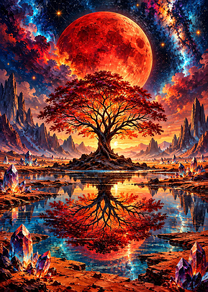 Surreal Red Moon Fantasy Landscape