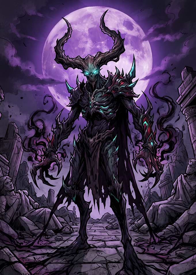 Dark Horned Demon in Ruined City