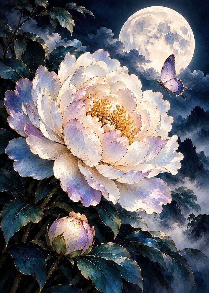 Moonlit Peony and Butterfly Art
