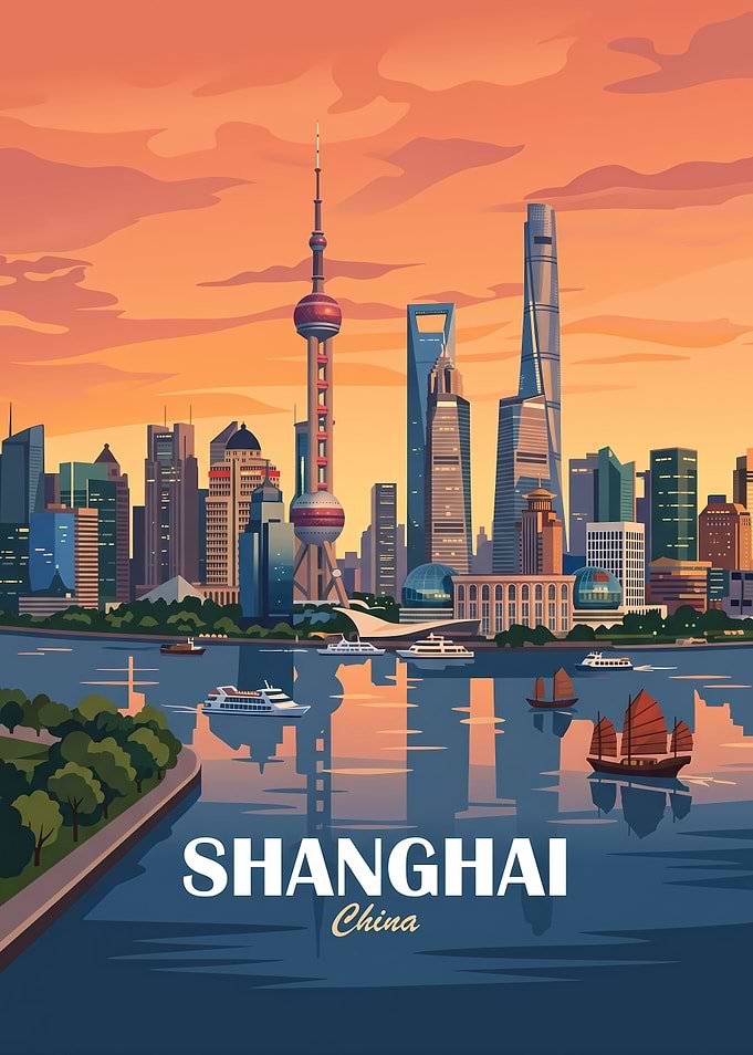 Shanghai Skyline Sunset Travel Poster