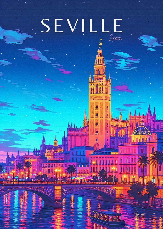Vibrant Nighttime Travel Poster of Seville