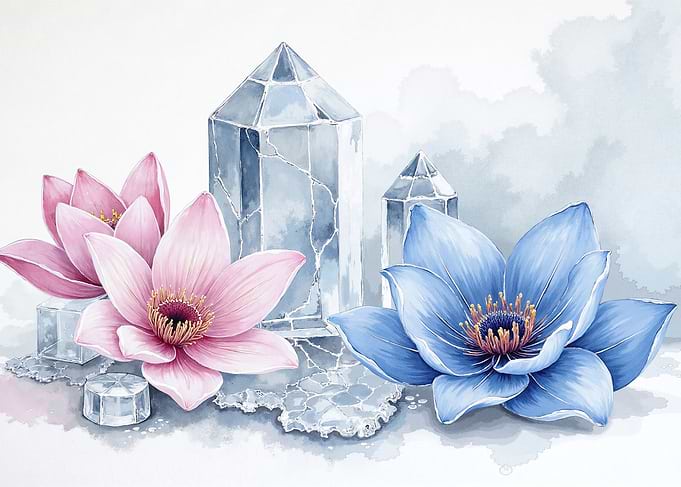Watercolor Crystals and Lotus Flowers