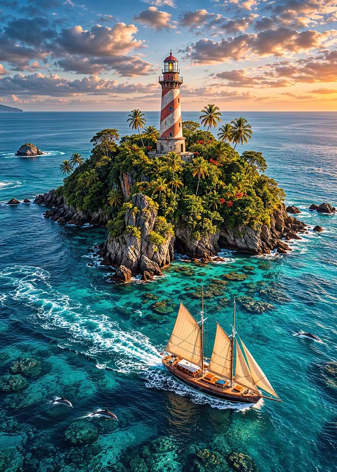 Tropical Island Lighthouse and Sailboat
