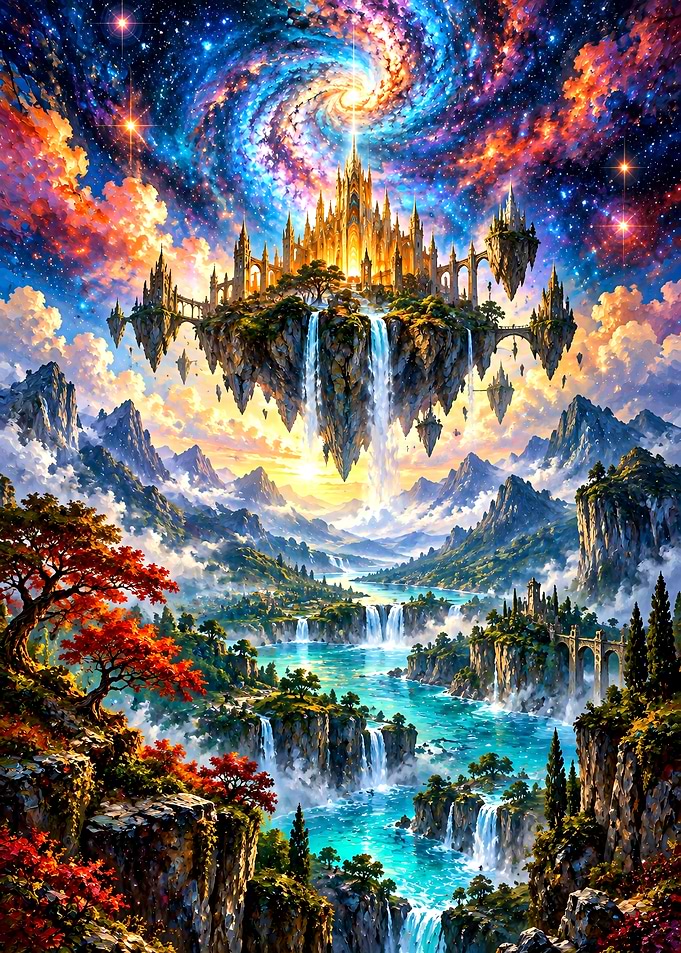 Floating Celestial Castle Over Waterfall Valley