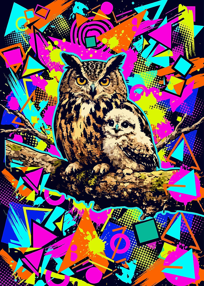 Neon Retro Owl Duo Art