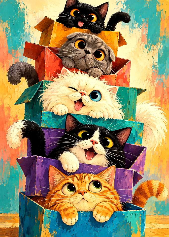 Stack of Five Cute Cats in Boxes