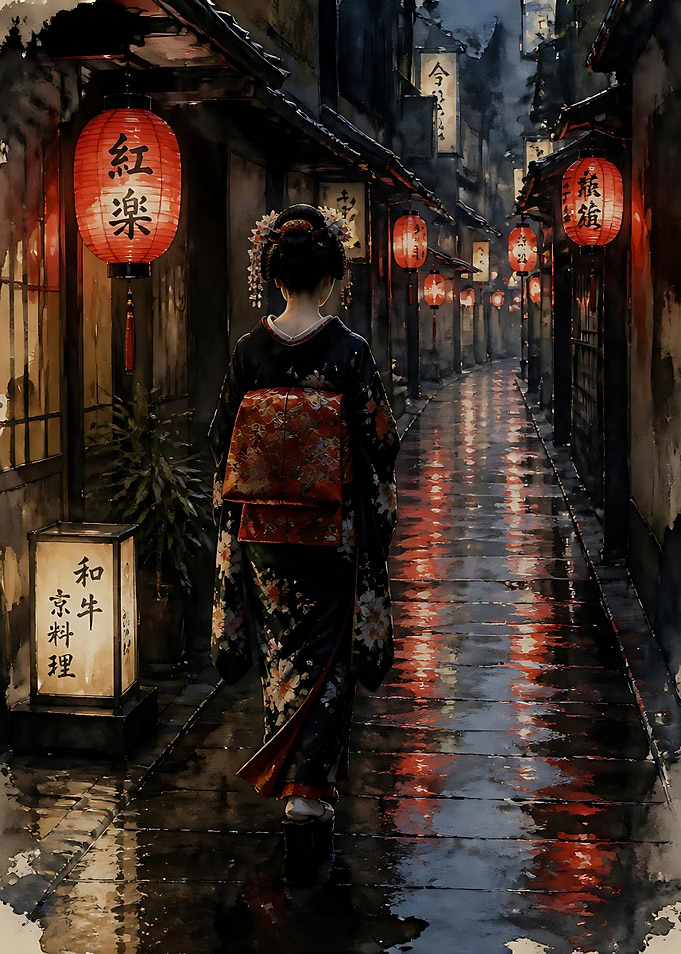 Geisha Walking Through Rainy Japanese Alley