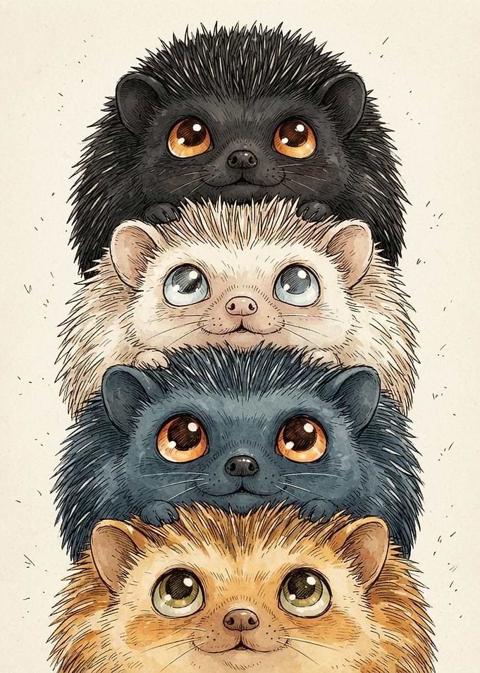 Stack of Four Cute Hedgehogs