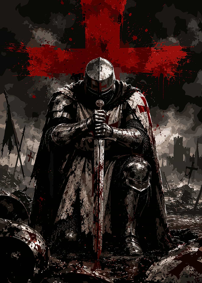 Kneeling Crusader Knight with Bloody Sword