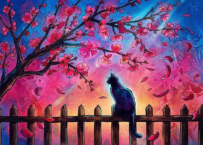Black Cat Under Cherry Blossom Tree