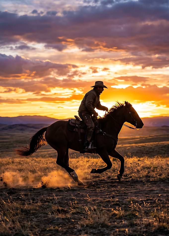 Cowboy Riding Horse at Sunset