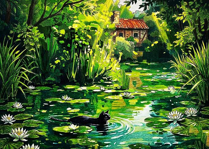 Black Cat Swimming in Lily Pond