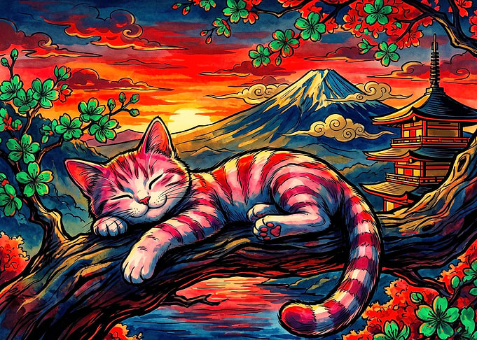 Sleeping Cat in Japanese Landscape