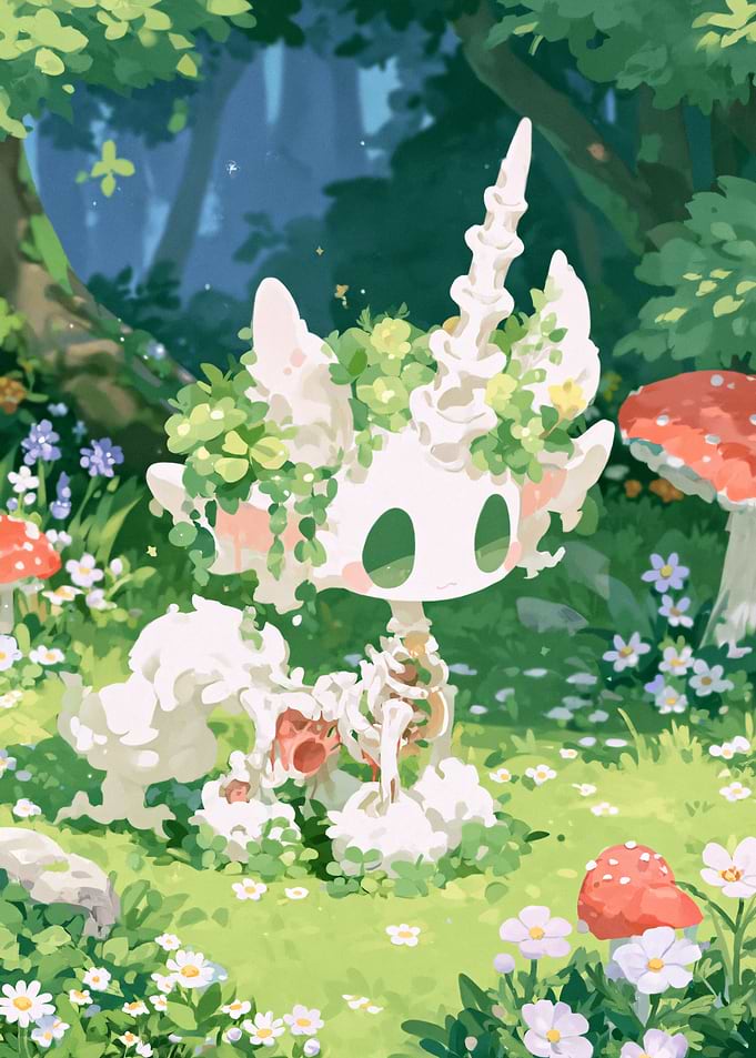 Cute Floral Skeleton Creature in Forest