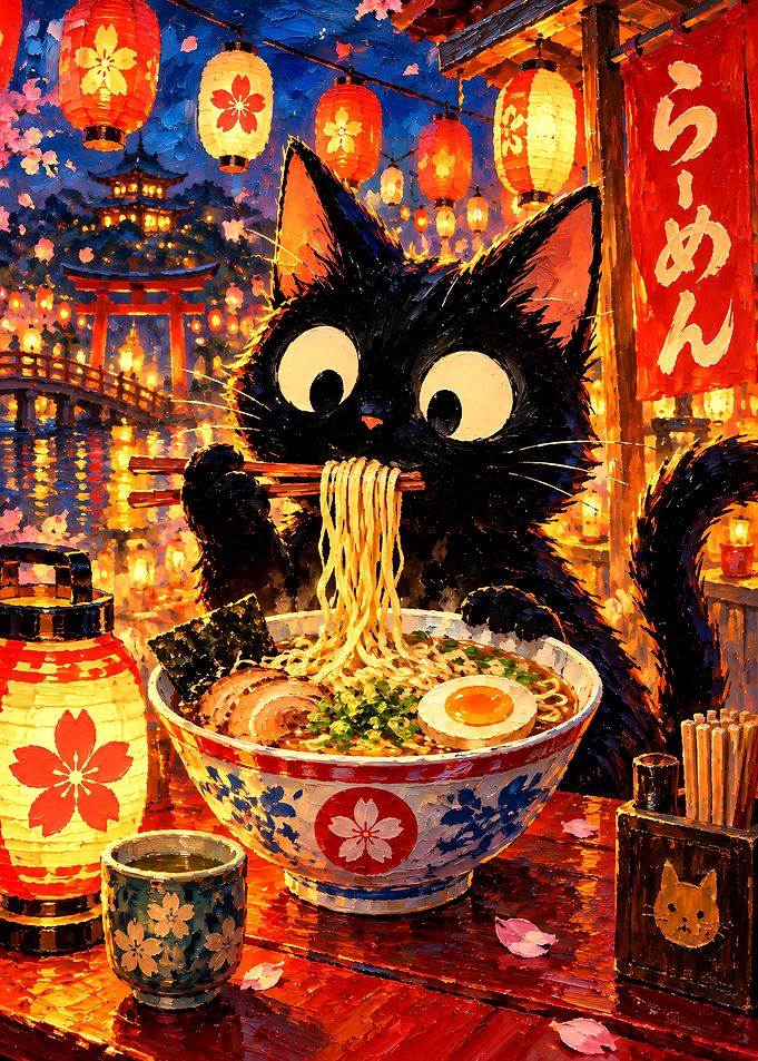 Black Cat Eating Ramen at Night