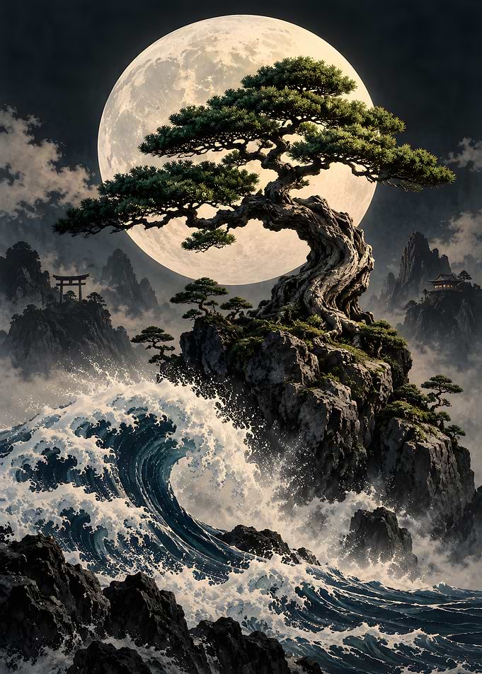 Bonsai Tree Under Full Moon