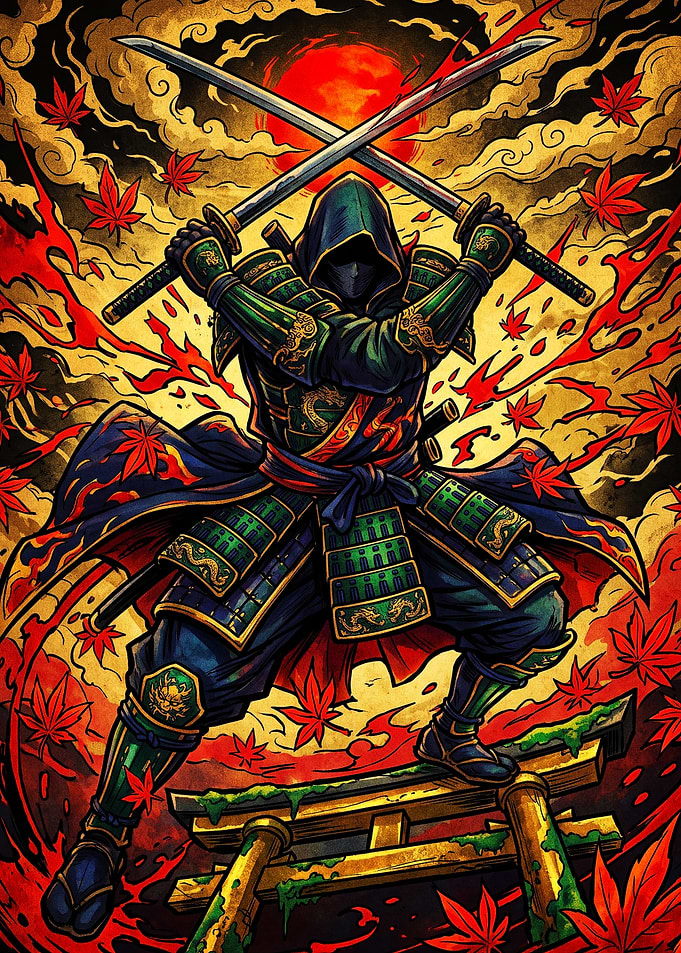 Samurai Warrior with Crossed Katanas