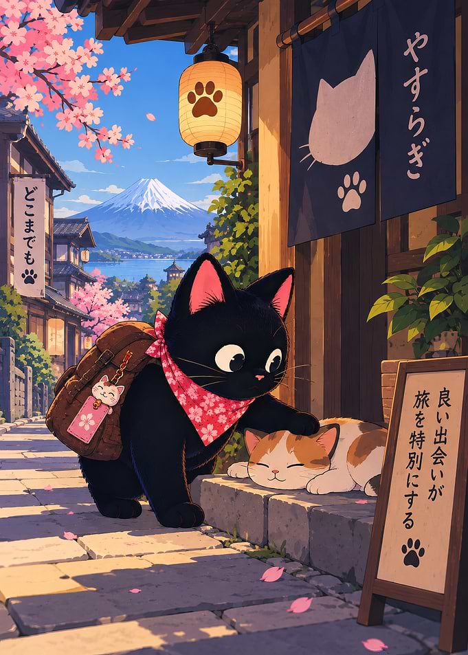 Cute Black Cat Traveler in Japan