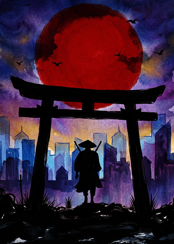 Samurai Silhouette Under Red Moon
