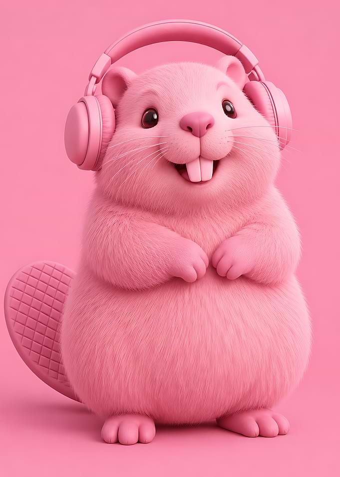 Cute Pink Beaver Wearing Headphones