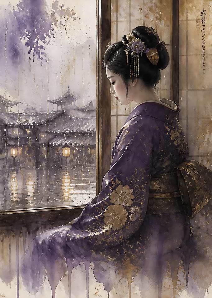 Geisha Gazing at Rainy Street