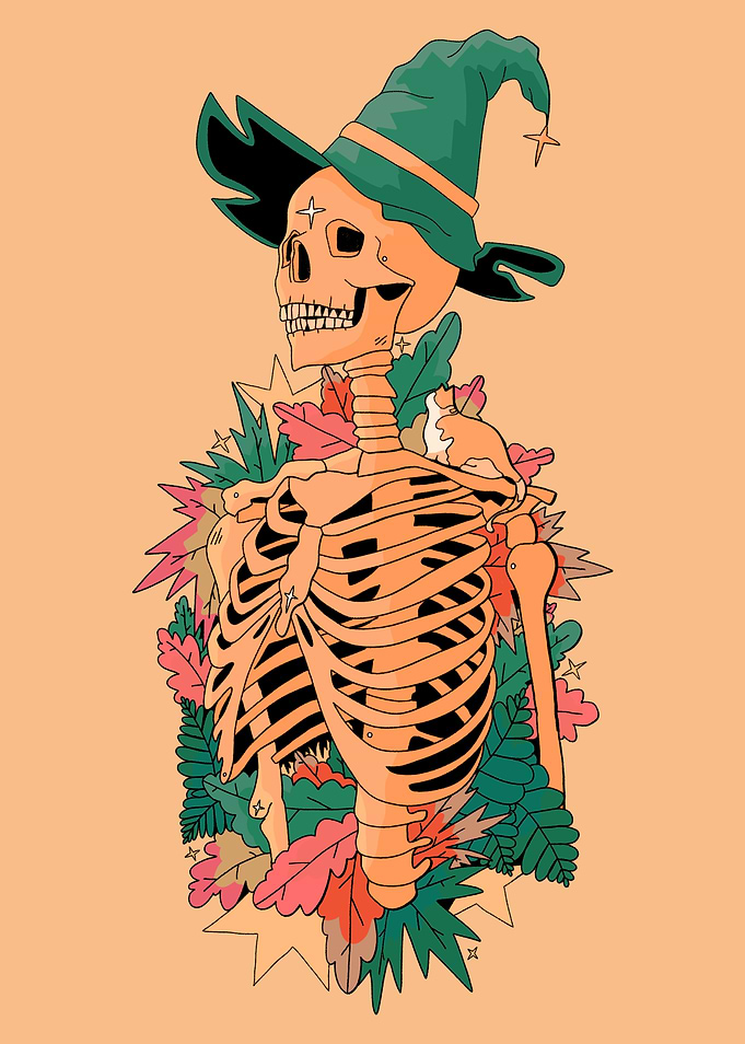 Witchy Skeleton with Autumn Leaves