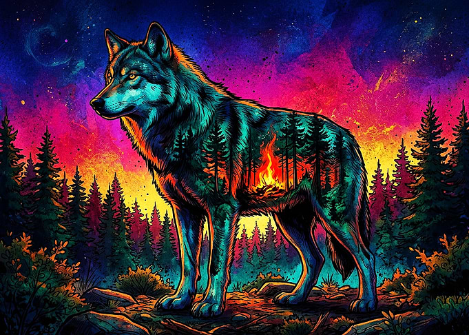 Vibrant Double Exposure Wolf Art