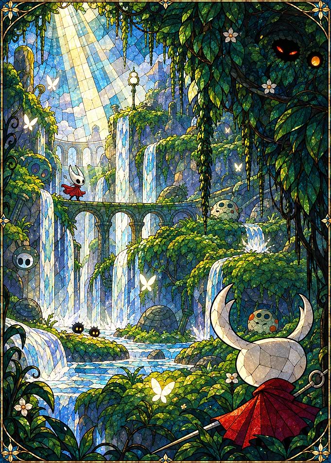 Hollow Knight Stained Glass Waterfall Scene