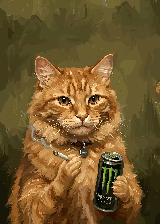 Cool Orange Cat with Energy Drink