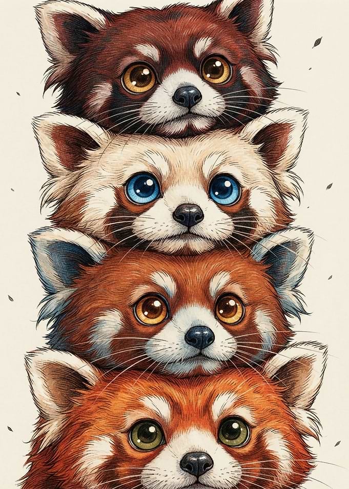 Stack of Four Cute Red Pandas