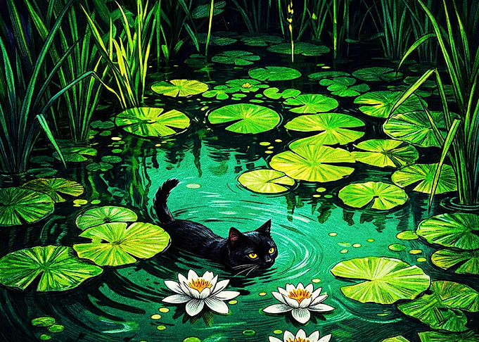 Black Cat Swimming in Lily Pond