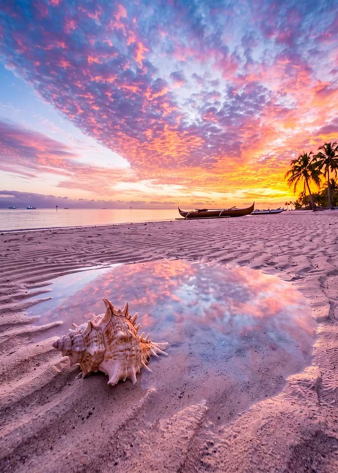 Seashell on Tropical Beach at Sunset