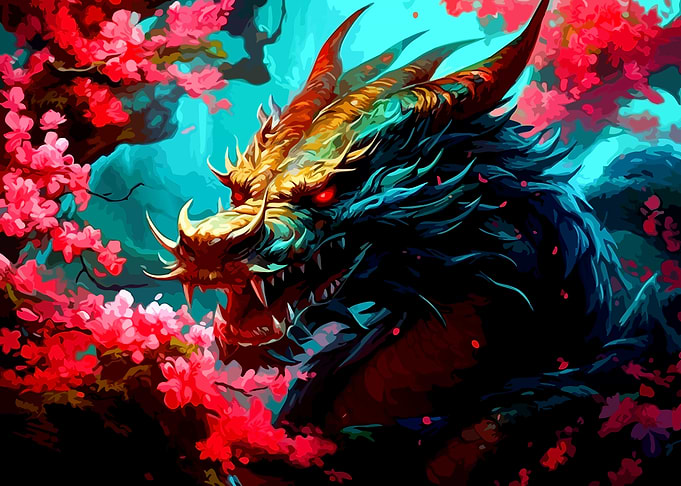 Fierce Dragon Amidst Cherry Blossoms