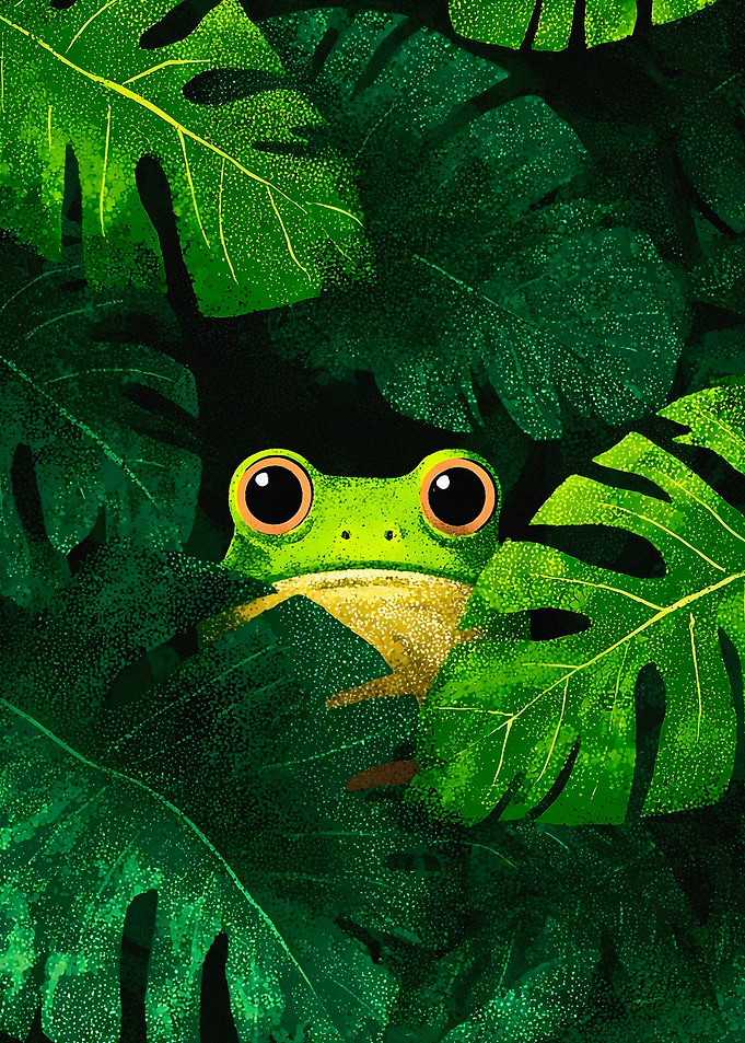 Cute Frog Peeking Through Jungle Leaves