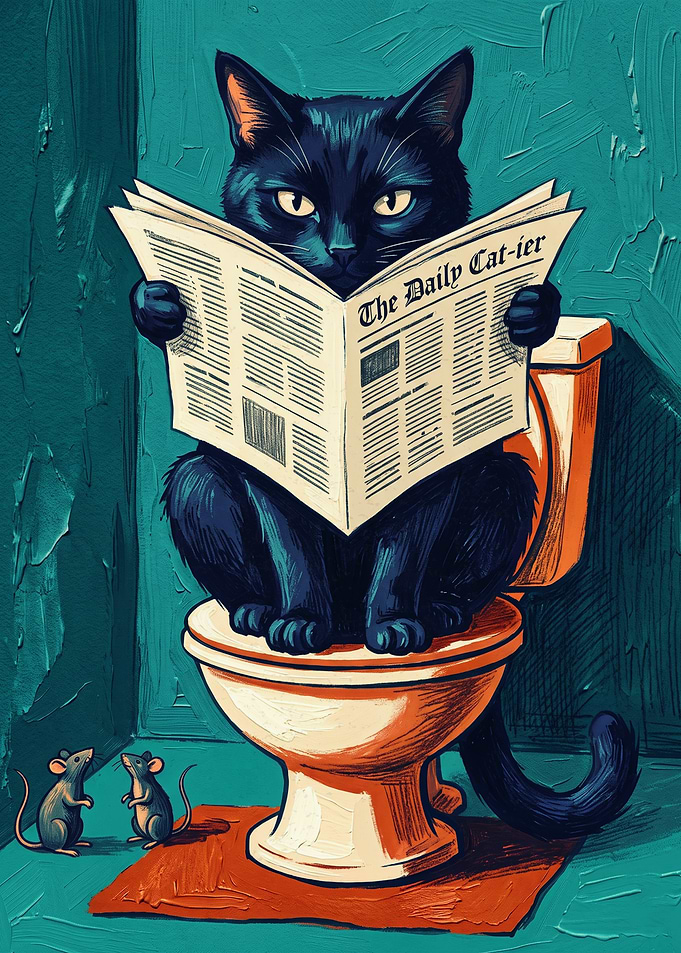 Cat Reading Newspaper On Toilet, Funny Oil Painting