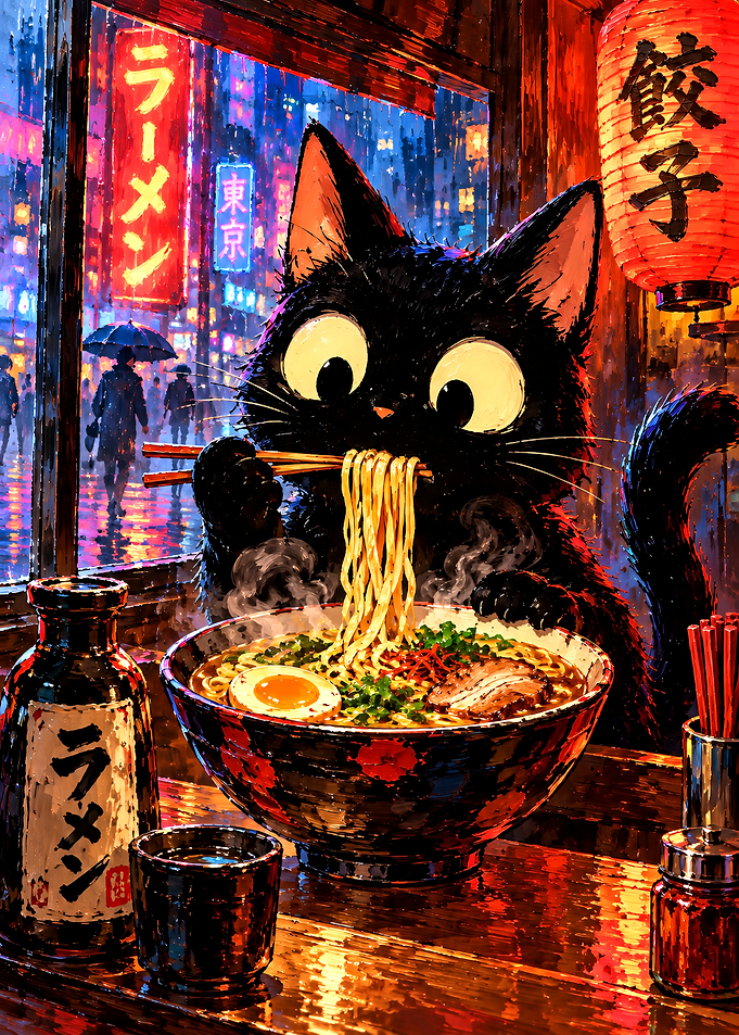 Black Cat Eating Ramen in Tokyo